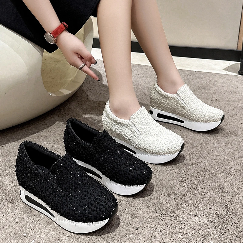 

Large Spring and Autumn New Slope Heel Thick Sole Single Shoes with Matsuke Sole and Elevated Casual Fabric Top Single Shoes