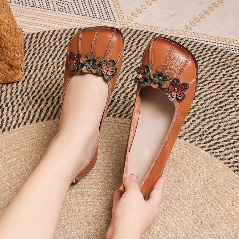 Square Toe Genuine Leathe Ballet Flats Women Vintage Loafers Middle Aged Woman Comfortable Moccasins Ladies Casual Driving Shoes
