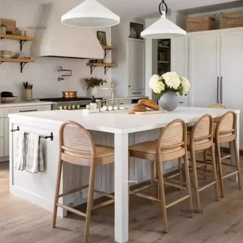 Nordic Woven Rattan Bar Chairs Commercial Barstools Modern Home Furniture Minimalist Solid Wood Kitchen High Stool