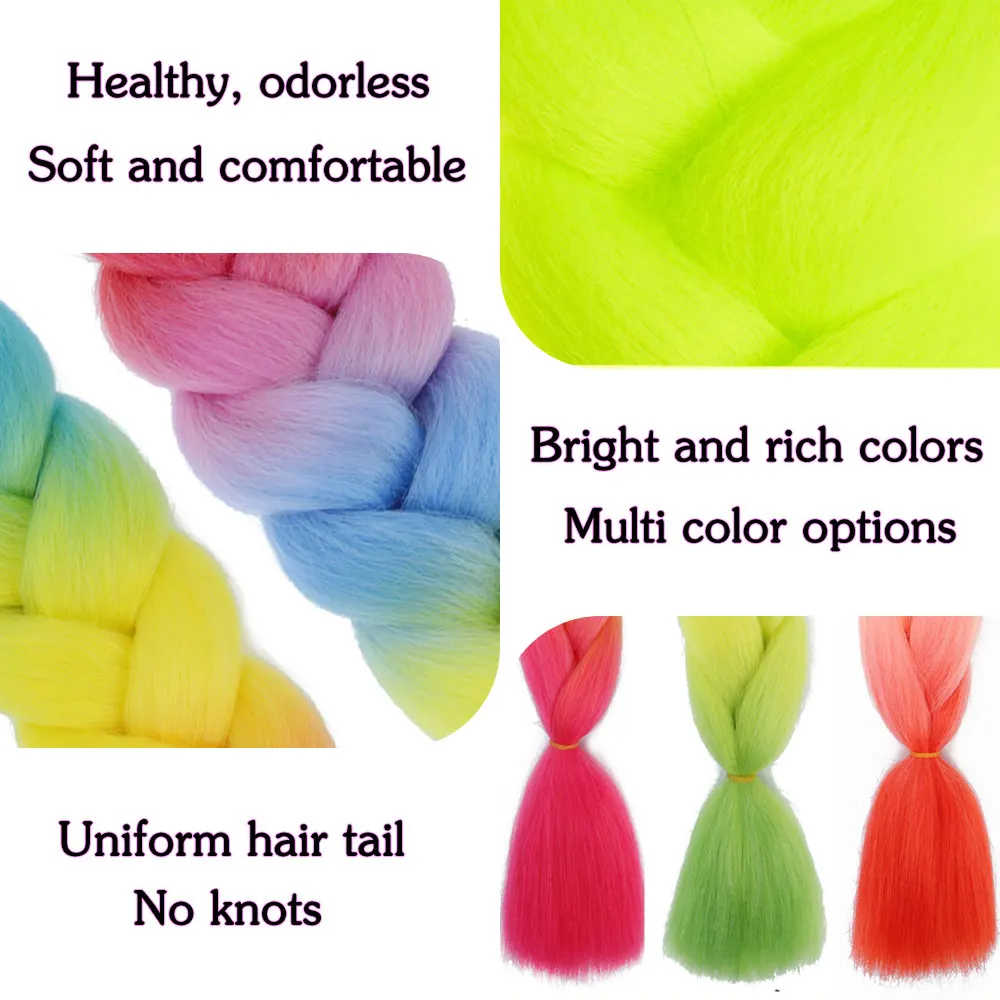 AZQUEEN-Extensión de cabello trenzado sintético Jumbo para mujer, trenzas de pelo, color rosa, morado y amarillo, 24 pulgadas