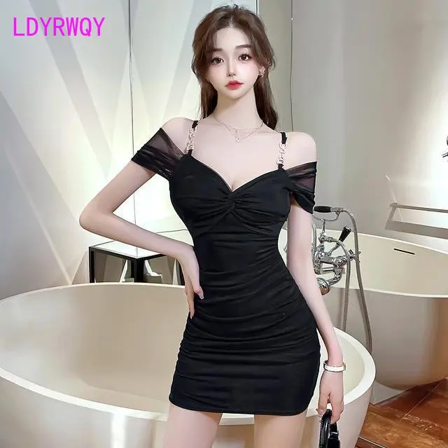 여성용 섹시한 플리츠 메쉬 드레스, 슬림 용수철, 여름 가을 기질 하의 멜빵, 엉덩이를 커버