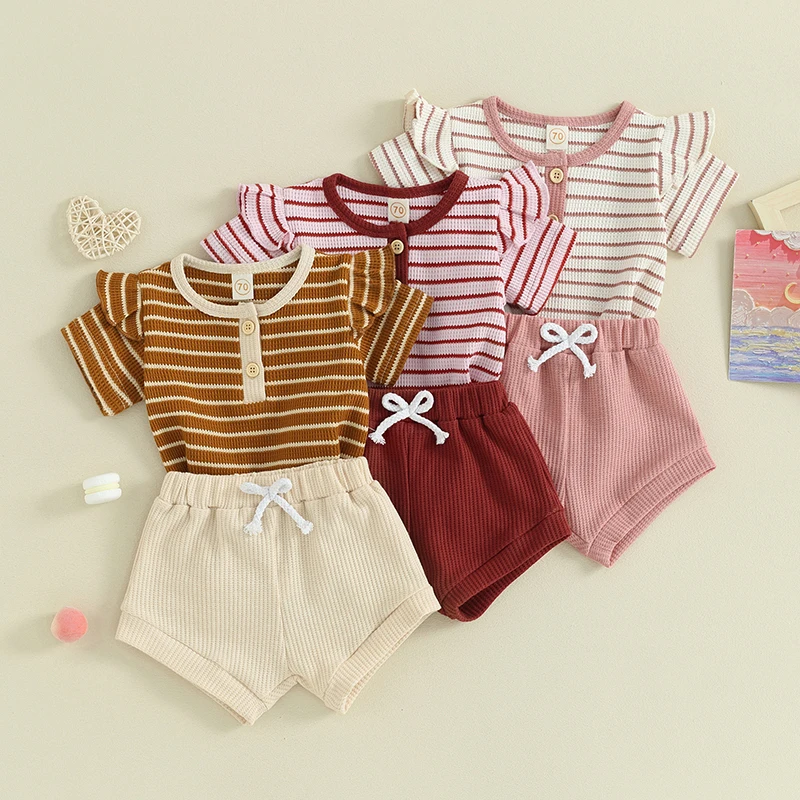 

Infant Baby Boys Girls Shorts Set, Short Sleeve Striped Romper with Elastic Waist Shorts 2-piece Outfit for Toddlers 0-18M