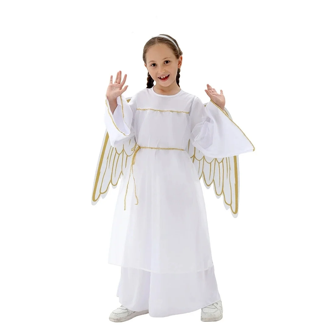 Girls Clothes Angel Costume Outfits Halloween Theme Party White Greek Toga Fancy Dress with Wings Headband Dress Up Clothing Set