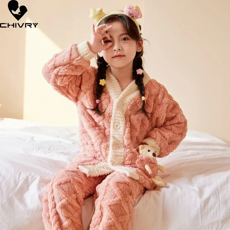 Kids Winter Soft Flannel Pajamas Clothing Sets Boys Girls Cartoon Thicken  Warm V-neck Tops with Pants Pyjamas Sleepwear 2-12Y - AliExpress
