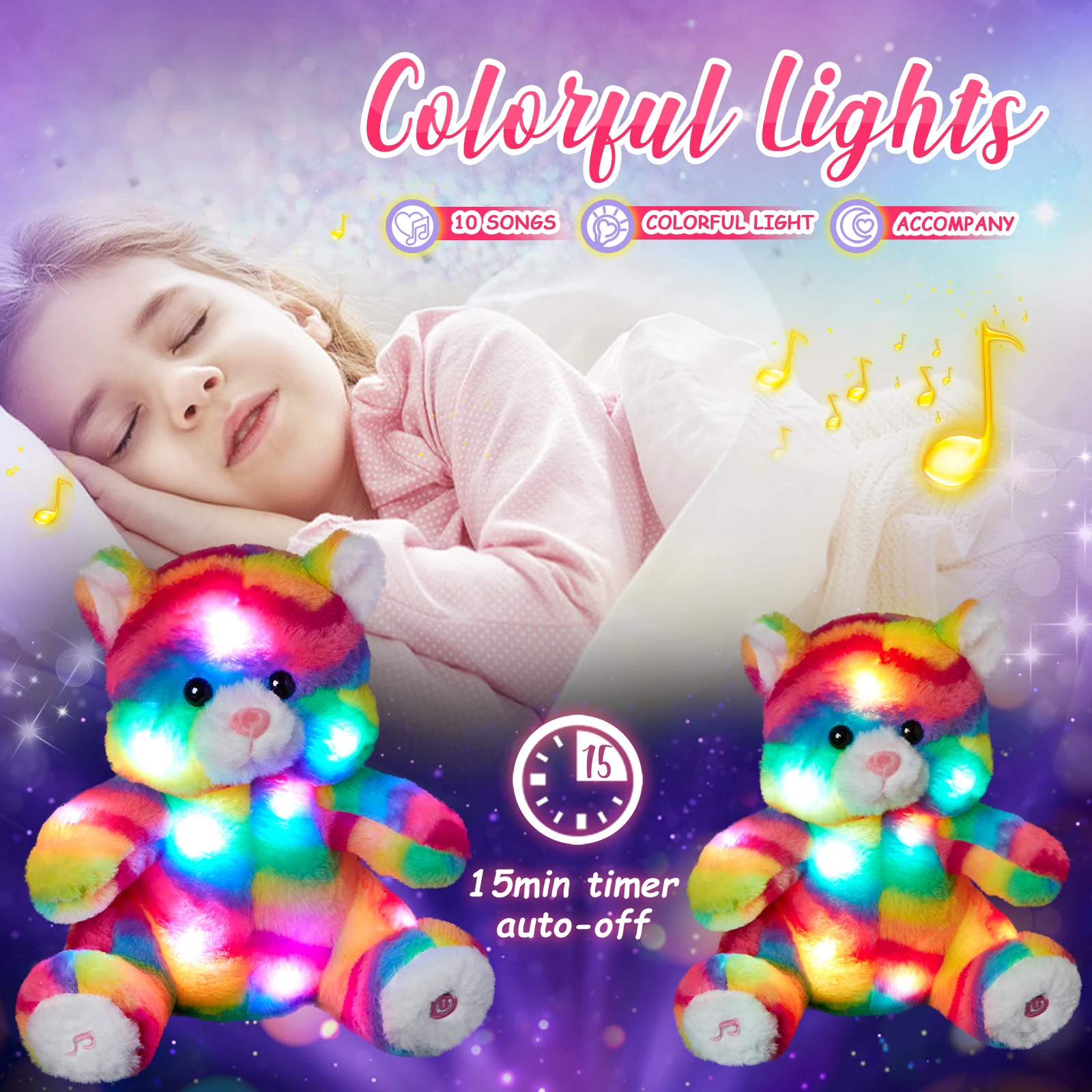 Rainbow LED Light Cat Doll Stuffed Animals 28cm Plush Toys for Girls Children
