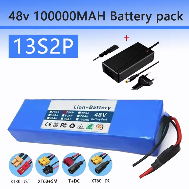 Pack de batteries lithium-ion 13S2P 48V 100000mAh 100Ah avec BMS 250W 350W 500W 750W 1000W et chargeur 54.6V offert 1