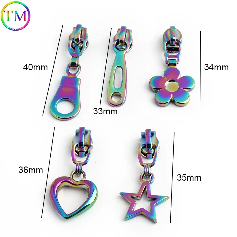 15-200PCS Rainbow Heart, Flower Shape 3# Nylon Zipper Puller Head For Bag Pocket Zips Puller Repair Kit Decorative Accessories
