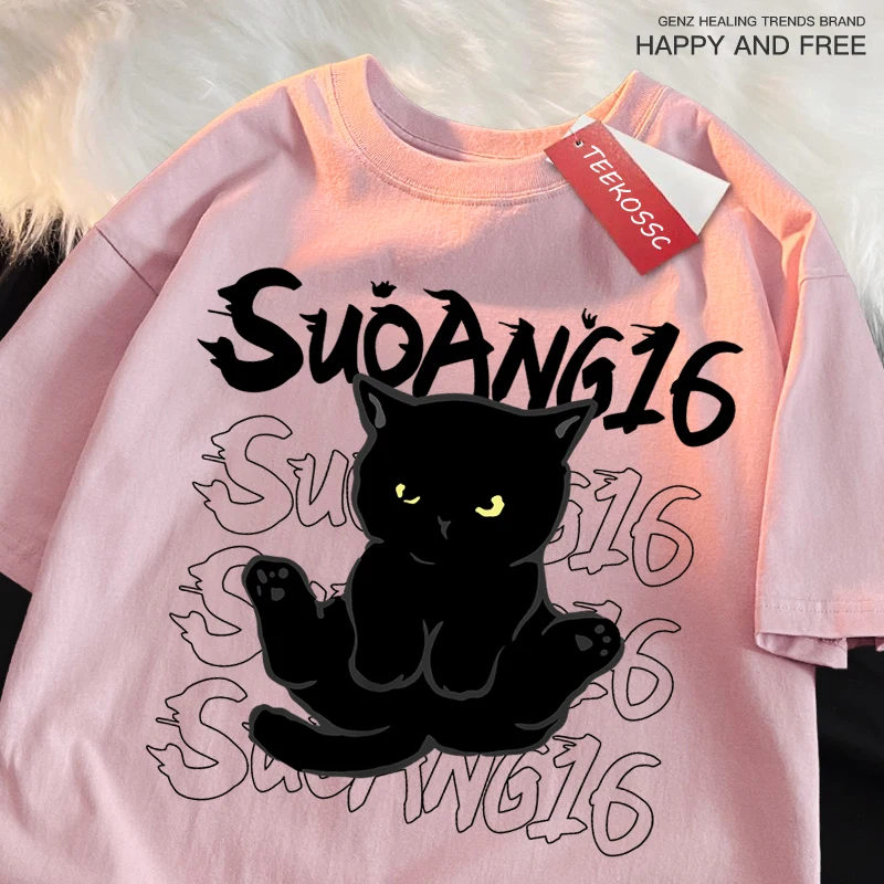 Fun Black Cat Print Japanese Style Men Women T-Shirt Fashion Clothing Cotton Tops Fashion Summer Tee Clothes Oversized Tshirt