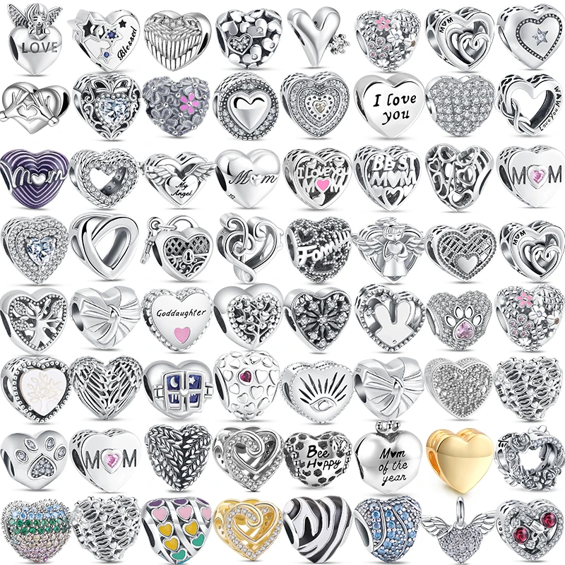 NEW 925 Sterling Silver Angel Mom Family Love Heart Series Beads Fit Original Pandora Charms Bracelets Women DIY Jewelry Gift 2021 new 925 sterling silver beads valentine s day jewelry charms fit original pandora bracelets women diy fashion jewelry