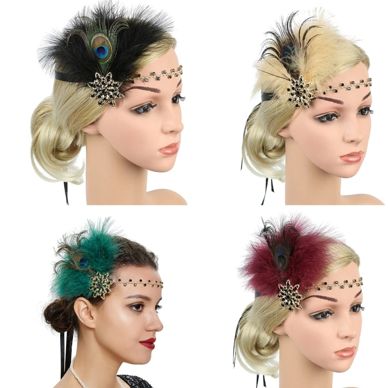 

Women Flapper Accessories GatsbyParty Costume Feathers Headband with Rhinestones Cocktail Party Prom Elegant Headwear