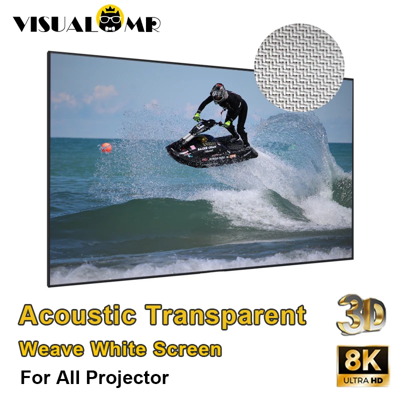 2023 Acoustically Transparent 8K Fabric with Sound Acoustic Projection Screen 16:9 Fixed Frame 1CM Bezel Woven White For Cinema