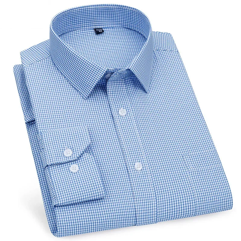 Dress Shirts Men Casual Shirts Mens Business Casual Long Sleeved Shirt Classic Plaid Striped Checked Male Social Dress Shirts for Man Purple Blue