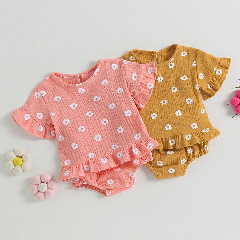 

2023-06-03 Lioraitiin 0-24M Newborn Baby Girl 2Pcs Summer Outfits Short Sleeve Round Neck Floral Tops Bloomer Shorts Set