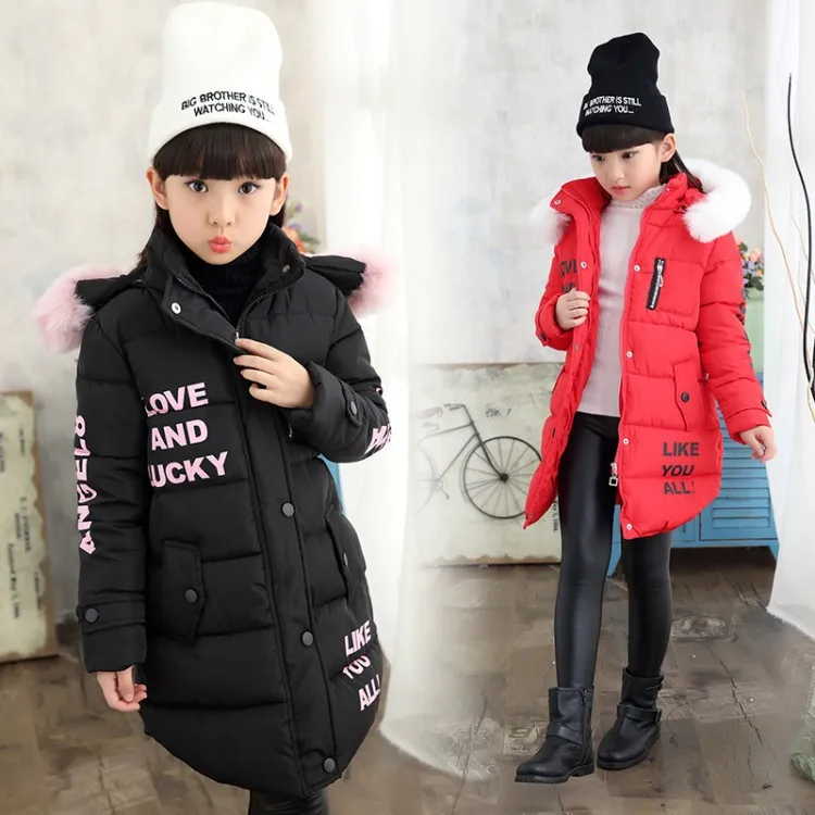 

Winter Letter Wool Collar Hooded Long Sleeved Girls' Cotton Clothes Korean Thickened Children's Cottonhooded Casacos Inverno