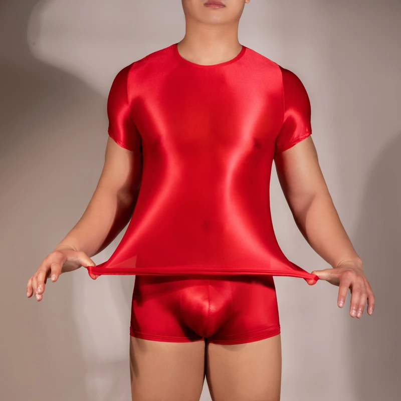 Mens Glossy T-shirt Top Oil Shiny ShortSleeve Slim Fit Gym Yoga Sport Tight Tee Sportwear Transparent Rave Party Clubwear