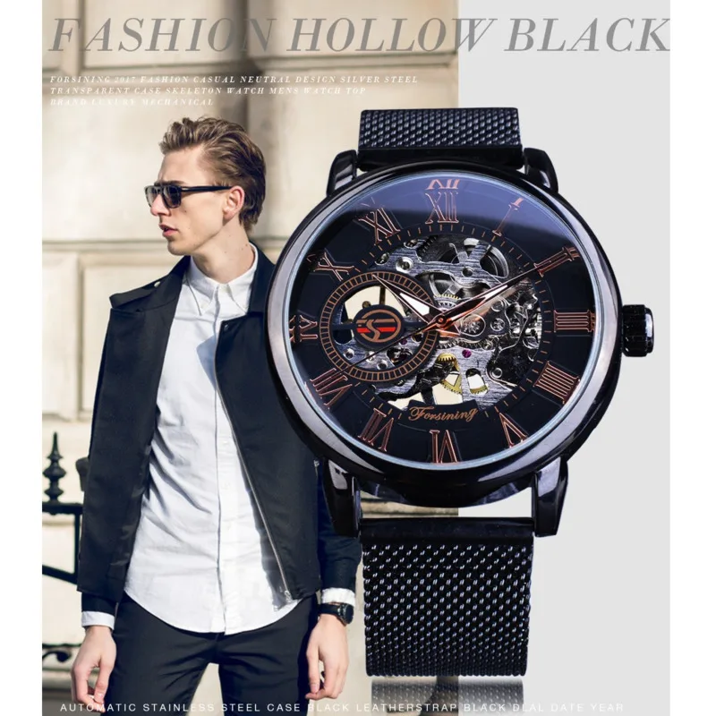 FORSINING Mechanical Watch For Men Business Luxury Watch Hollowed Out Luminous Mesh Belt Men Watch Reloj Hombre Montre Homme
