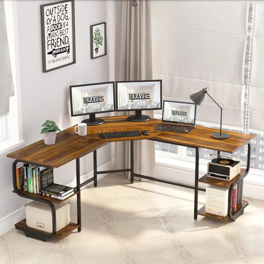 Modern L Shaped Desk with Shelves,Computer Desk/Gaming Desk for Home Office (Teak+Black Frame, Small+4 Tier Shelves)