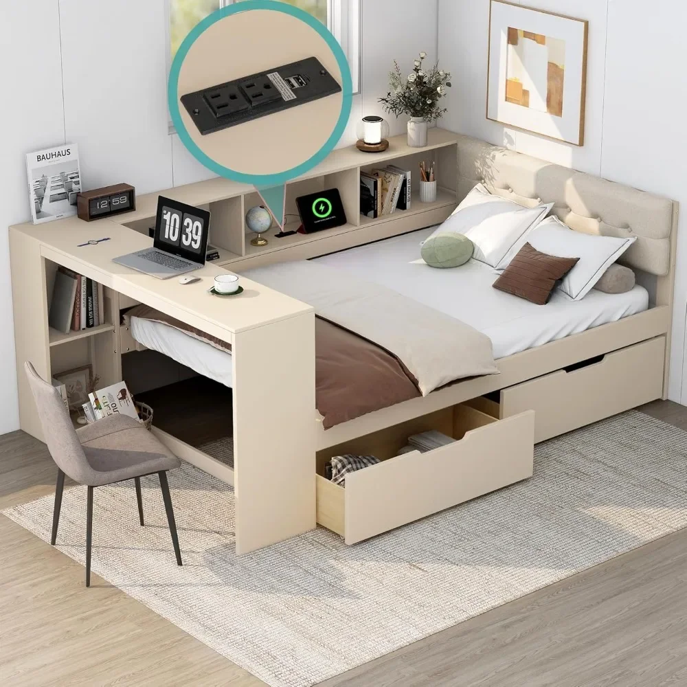 Full Size Wood Daybed with Storage Shelves Built in Desk Under Bed Drawers Charging Station and Upholstered Headboard 1