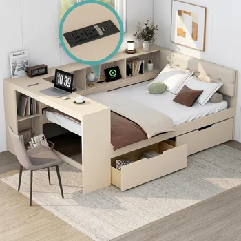 Full Size Wood Daybed with Storage Shelves Built in Desk Under Bed Drawers Charging Station and Upholstered Headboard 1