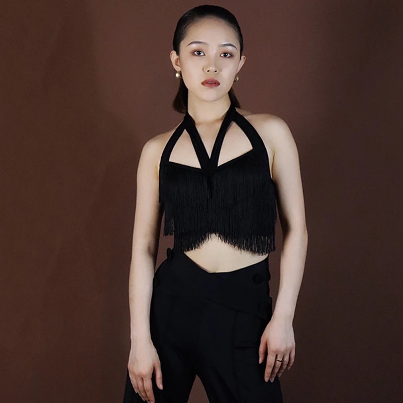 

Latin Dance Costume Black Fringed Tops Sexy Dancewear For Women Rumba Samba Performance Clothes Belly Latin Dance Tops DNV17063