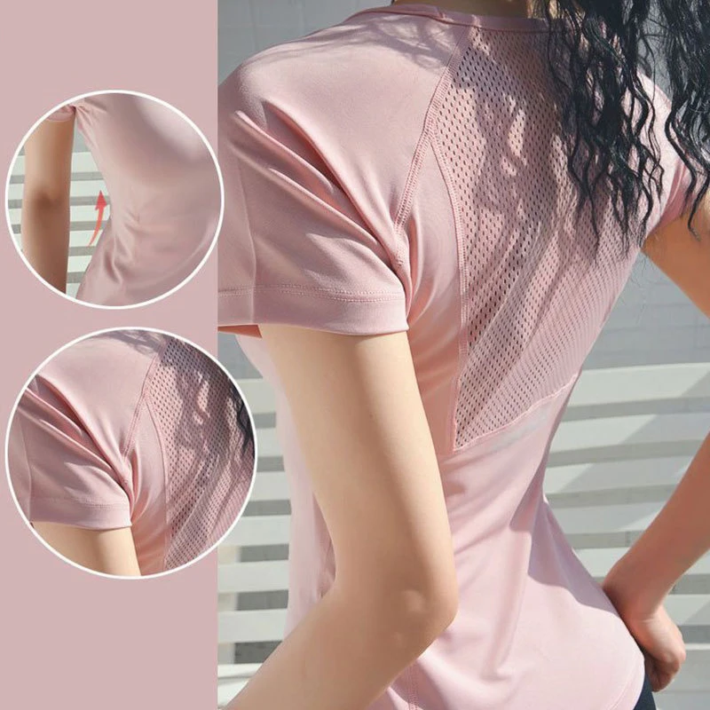 여성용 스포츠 티셔츠, 퀵 드라이 러닝 트레이닝, 요가 상의, 반팔, 그물, 레드, 섹시한 등, 피트니스 의류, 여름