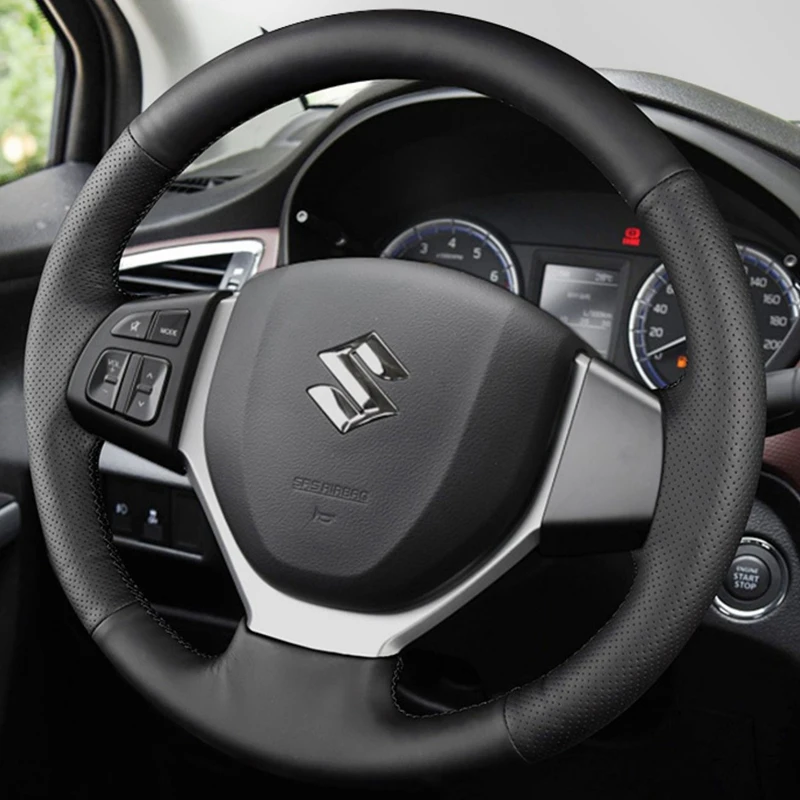 DIYBlackGenuineLeatherSteeringWheelCoverForSuzukiVitara2015