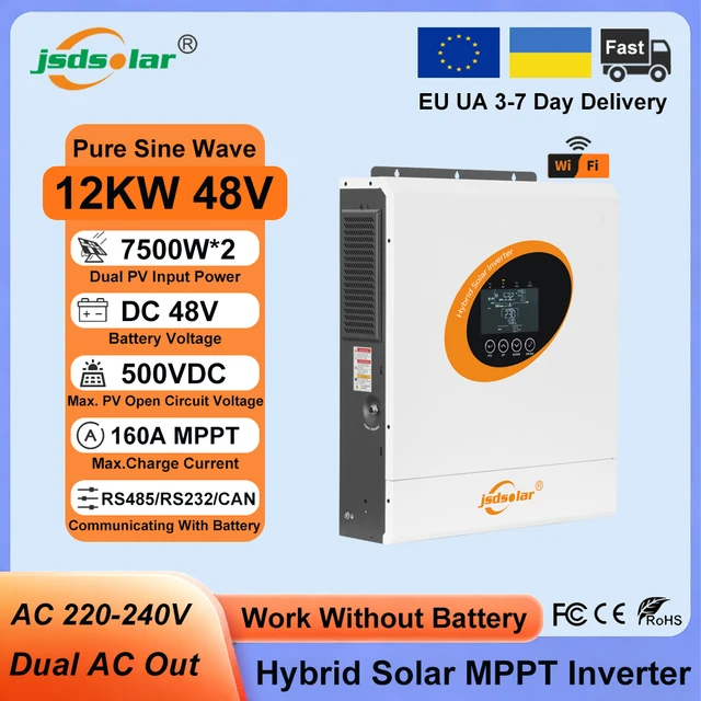 Jsdsolar Onduleur Solaire Hybride 12KW 48V 230VAC Double MPPT 160A Onde Sinusoïdale Pure, Double Sortie AC avec WiFi RS232 RS485 CAN, Double Entrée PV 15KW, Onduleur Hors Réseau 1
