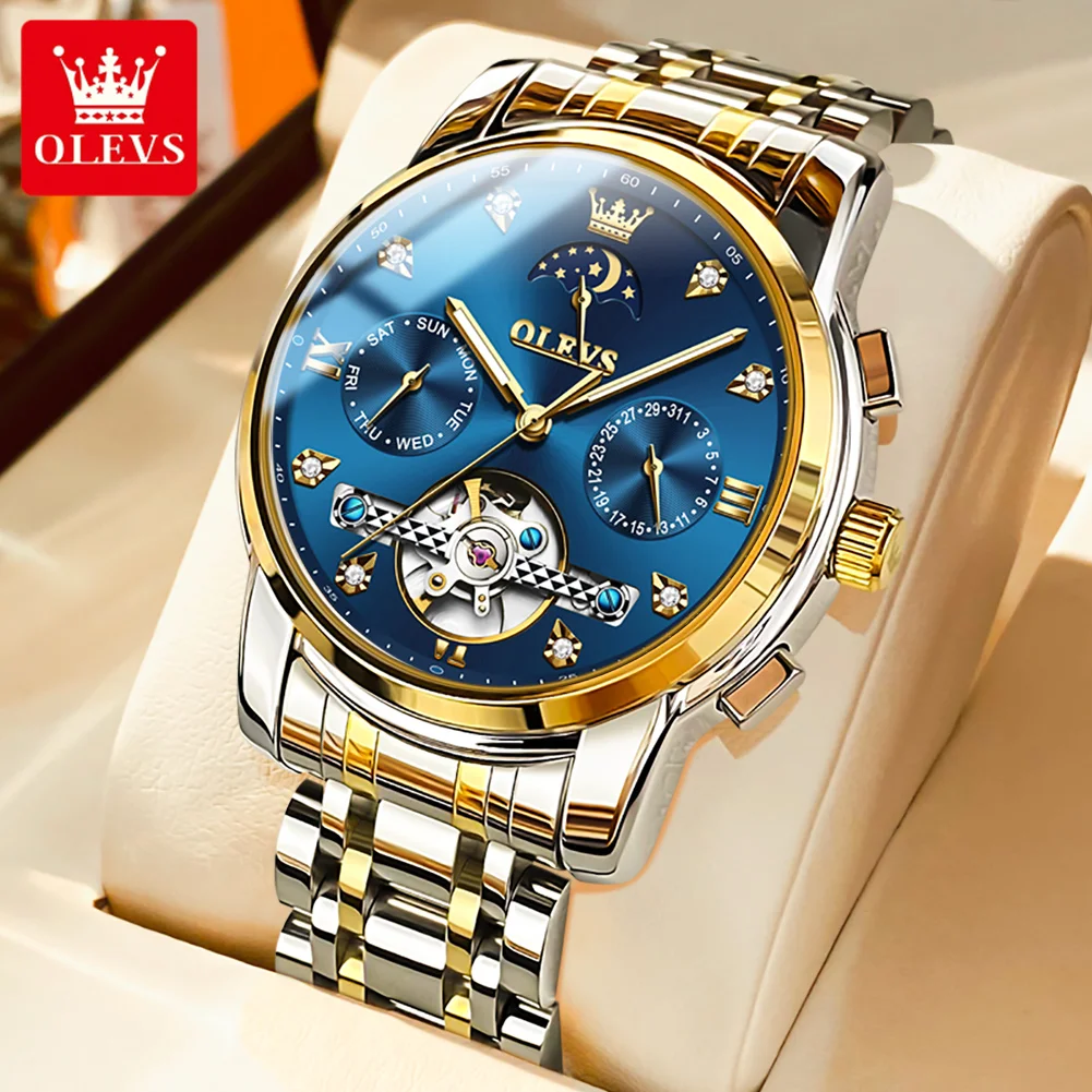 

OLEVS Automatic Mechanical watch for Man Luxury Tourbillon Date Week Moon Phase Hollow Out Dial Luminous Business Wristwatch