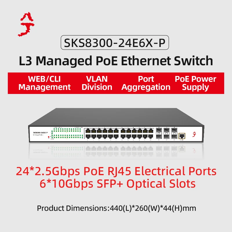 

XikeStor 30 Port 10G L3 Managed PoE Fan Switch 24 2.5G RJ45 & 6 10G SFP+ Ports Port Aggregation VLAN Division WEB/CLI Management