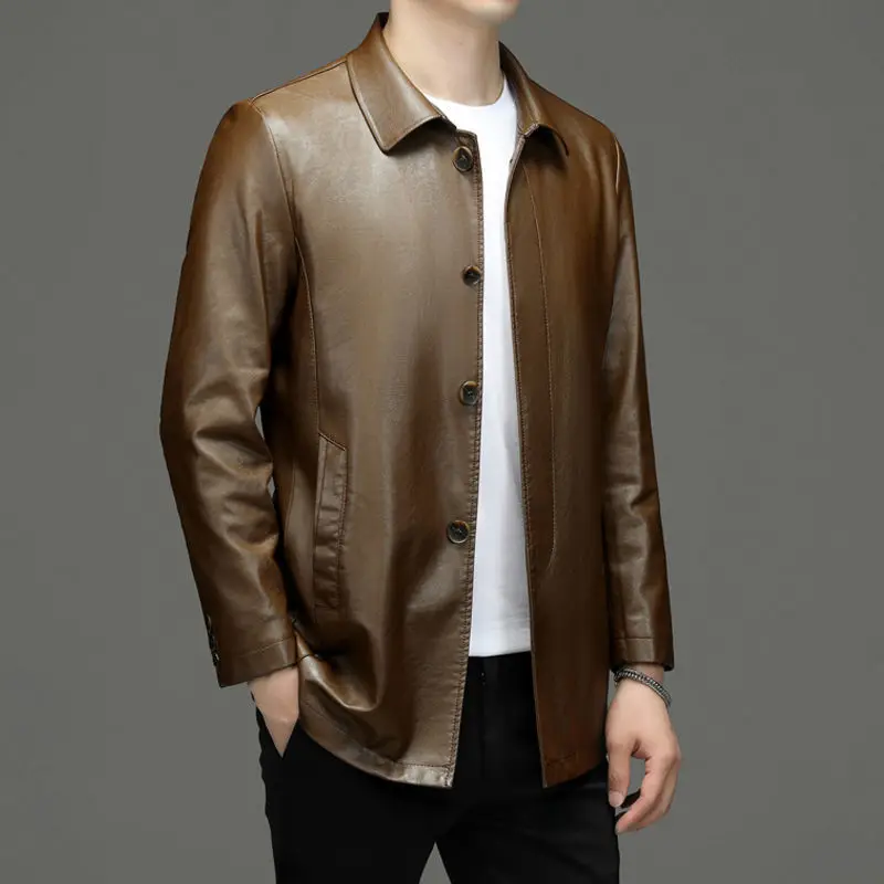 

Spring Autumn Cool Luxury Mid-length Soft Light Pu Leather Jacket Men Single Breasted Casual Mens Jackets and Coats Fashion T726