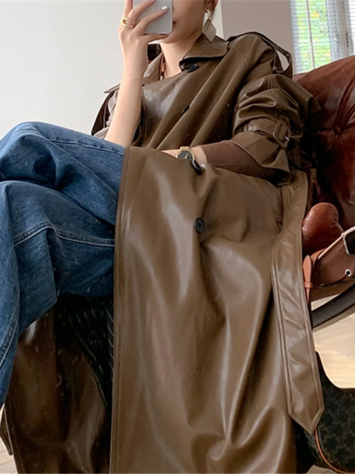 British Style Pu Leather Windbreaker 2023 Autumn and Winter New Retro Women's Slimming Waist Mid-Length Leather Trench Jacket