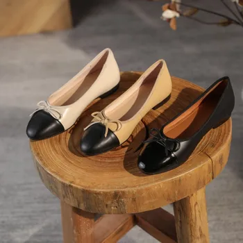 Luxury Brand Design 100% Genuine Leather Round Toe Bow Ballet Flat Shoes Women Casual Shoes Zapatos Mujer 1