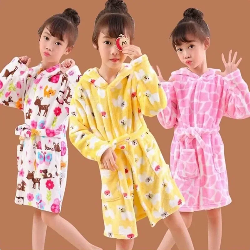 Toddler Baby Boys Girls Hooded Thick Warm Flannel Bathrobe Night-robe Pajamas