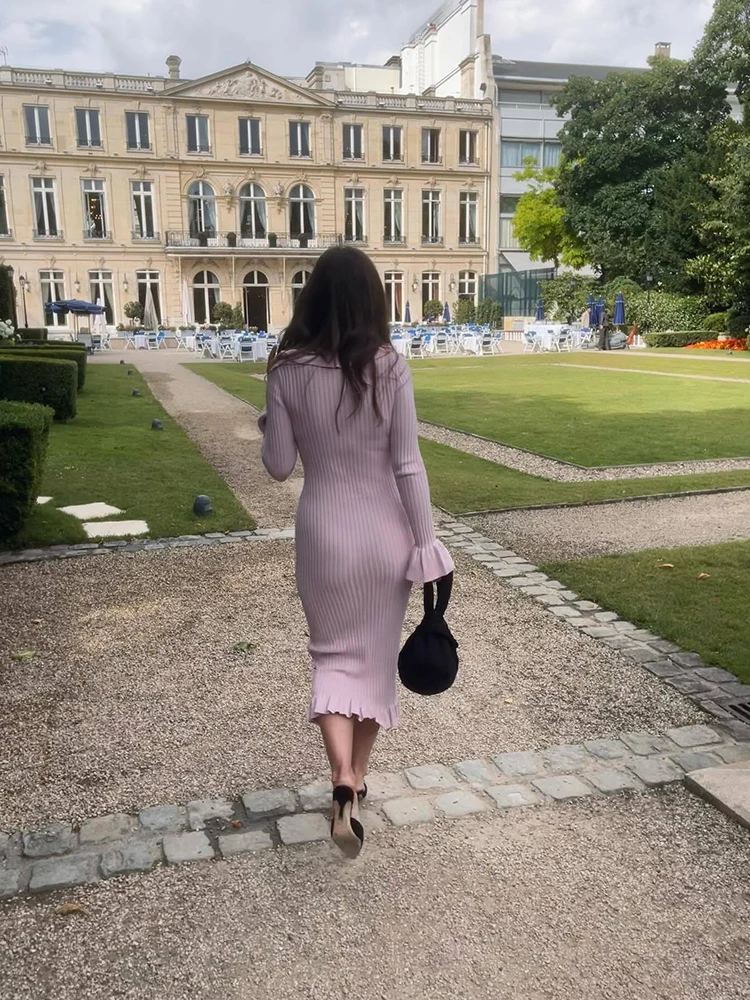 Ruffled Knit Long Dress For Women Lapel Slim High Waist Single Breasted Sweater Maxi Dress Elegant Ladies Party Dresses