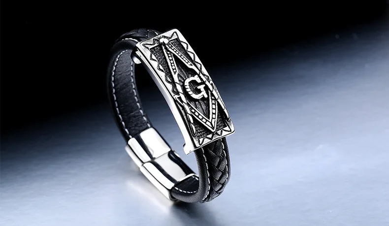 Vintage Men's Masonic Stainless Steel Freemason Genuine Leather Bracelet Cuff Jewelry Accessories