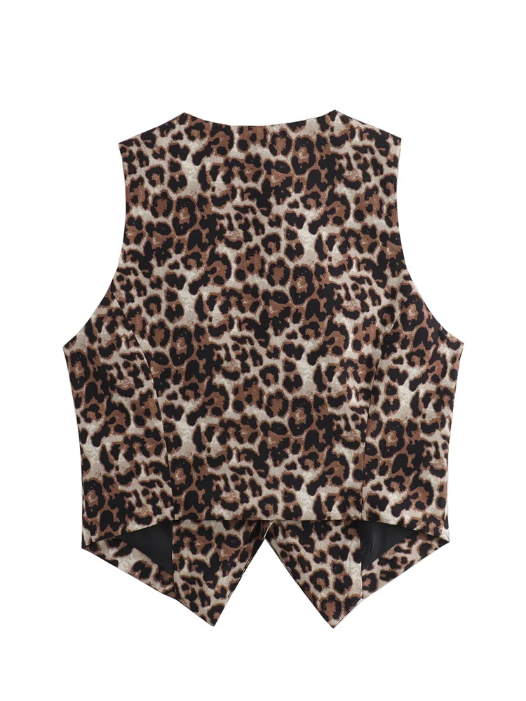 Zevity Women Euro Style V Neck Leopard Print Breasted Short Vest Jacket Ladies Retro Cardigan Slim WaistCoat Tops CT6198 2