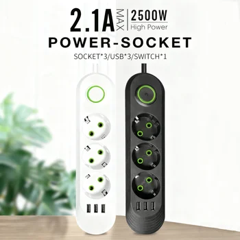 2500W Power Strip with 3USB Ports EU Plug Socket 2m Extension Cable Fast Charging Round Pin AC Outlet Electrical Charger Adapter 1