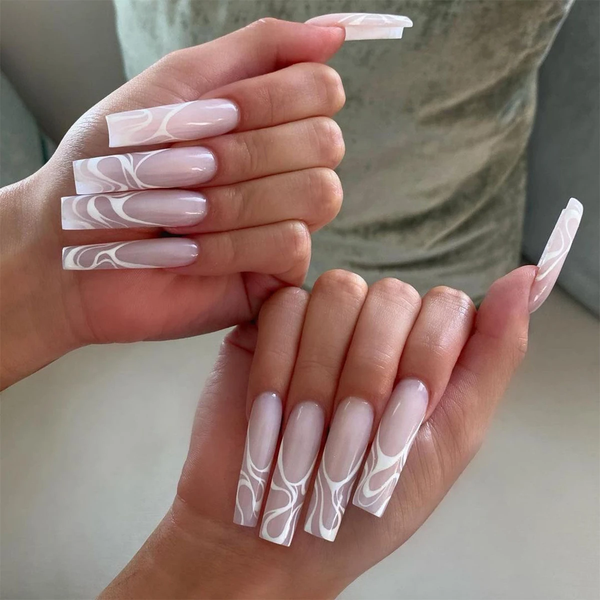 24pcs Pink Nail White Wave Super Long Ballerina Nail Art False Nails Wearable Fake Nails Set Press On Nails With Designs Aliexpress