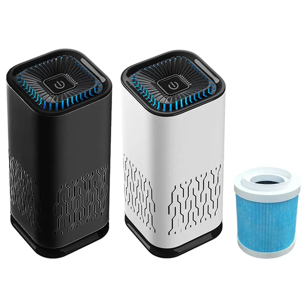 Purificateur d'air HEPA portable silencieux pour maison bureau voiture, design blanc minimaliste posé sur une table.