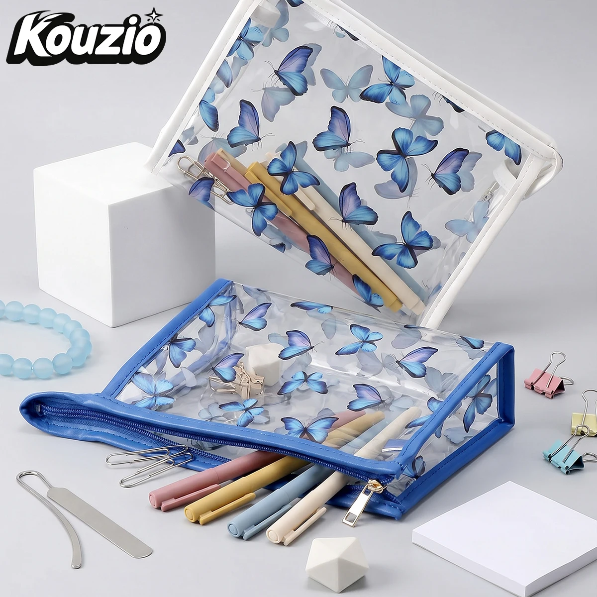 나비 프린트 투명 필통, 대용량 PVC 펜 파우치, 지퍼와 손잡이 포함, 학교 및 여행용 - KOUZIO