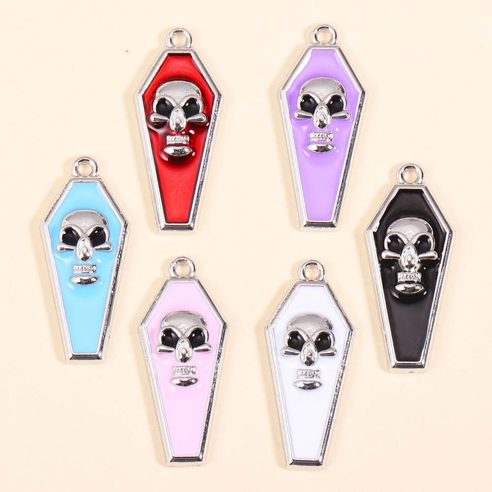 

10Pcs Halloween Charms Skull Coffin Enamel Pendant for Necklace Bracelet Diy Jewelry Making Accessories Supplies Silver-plated