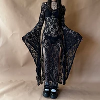 E-girl Goth Punk moulante robe à bretelles femmes pure dentelle robe Maxi chauve-souris à manches longues Y2k fée Grunge voir à travers la robe fluide fendue 1