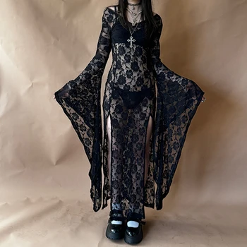 E-girl Goth Punk Bodycon Slip Dress Women Sheer Lace Maxi Dress Bat Long Sleeve Y2k Fairy Grunge See Through Split Flowy Dress 1