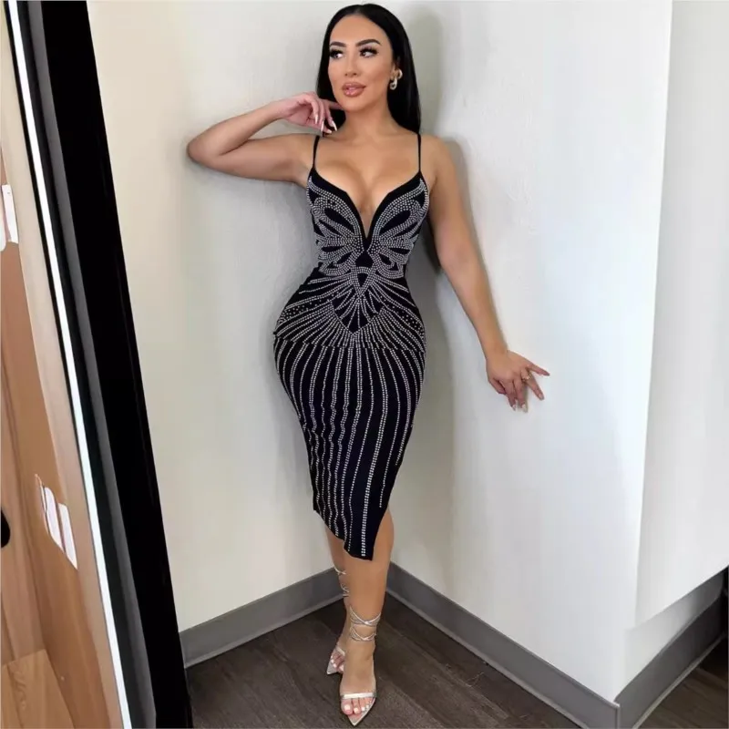 

Black Blue African Dresses For Women New Arrival Summer Sexy Diamond V-neck Tight Sleeveless Suspender Slit Dress Elegant Party
