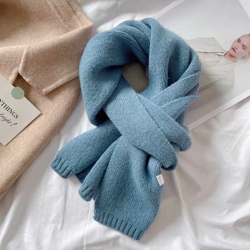 Korean ins wool knitted scarf women's thickened warm scarf in autumn and winter student solid color tidal white versatile