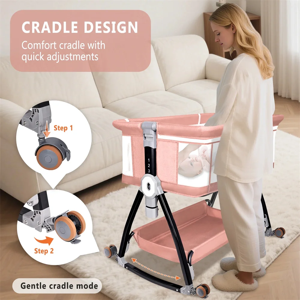Baby Bassinet, HDJ Baby Bedside Sleeper Bassinet with 360° Wheel, Portable Infant Bed Side Crib for 0-6 Months, Pink Sac87c365bfce4bc9ab98634115bb796a3