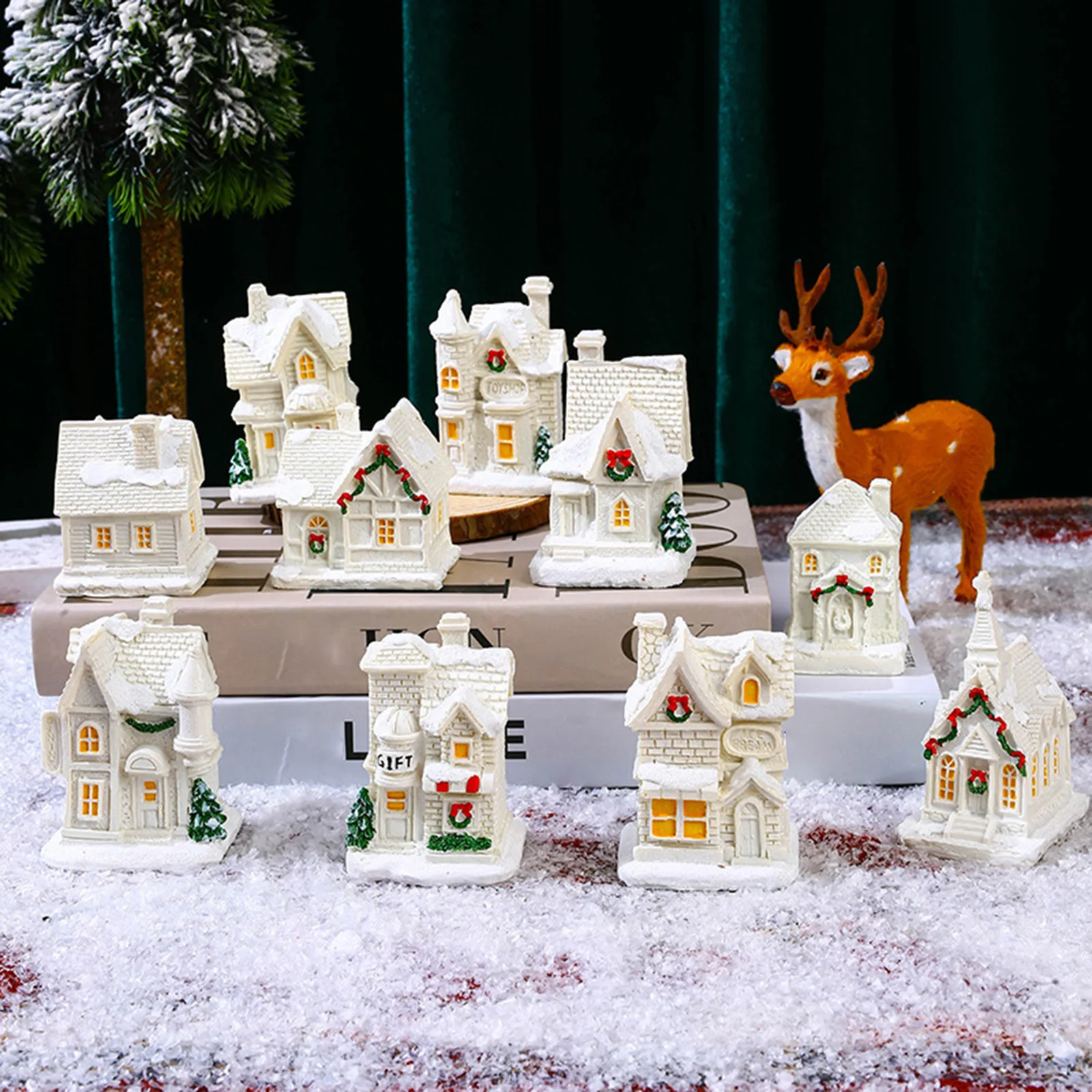 Christmas LED Light House Luminous Wooden Cabin Ornament Snow Scene Village Christmas Decoration For Home New Year