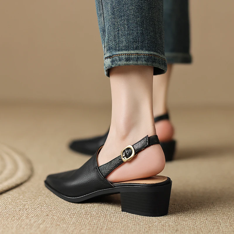 New Office Ladies Casual Women Sandals Concise Spring Summer Pointed Toe High heel Genuine Leather Slingbacks Shoes Woman