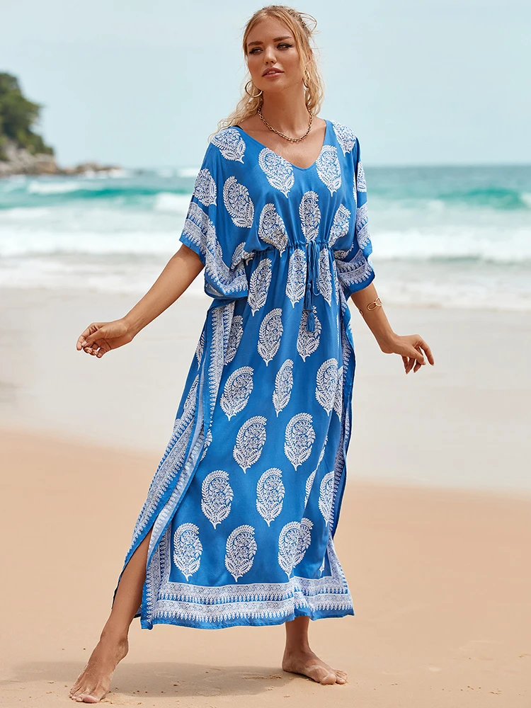 

Bohemian Dress Beach Cover up Tassel Print Loose Maxi Dress Bikini Cover Up Robe De Plage Beachwear Beach Wrap Swimsuit Coverup