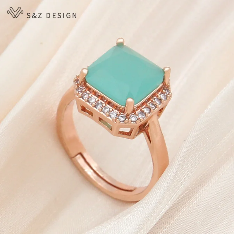 S&Z DESIGN New Classic Square Pink Crystal Rings For Women Wedding 585 Rose Gold Color Cubic Zirconia Jewelry Fashion Gift